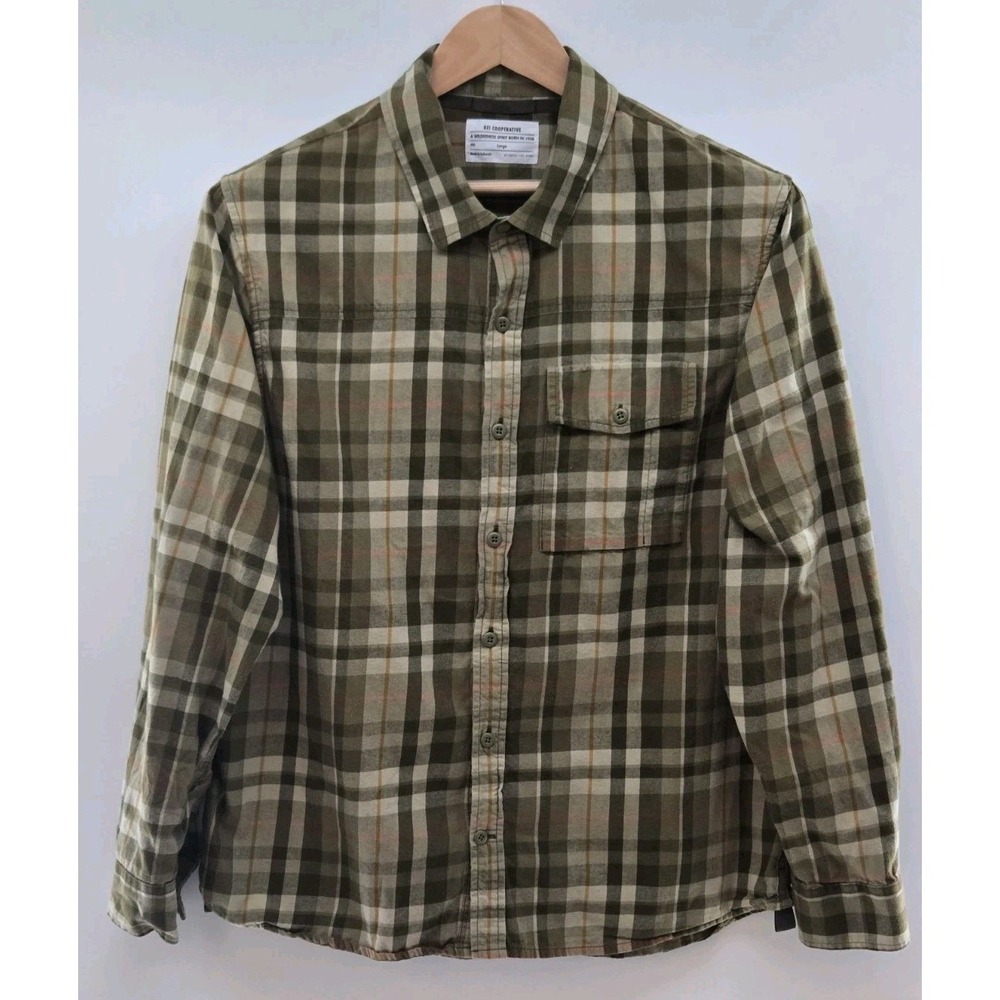 REI Co-op Mens Large Olive‎ Green Plaid Button Down Long Sleeve Shirt Hiking